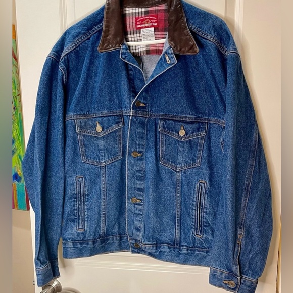 Marlboro Country Store Unisex Denim Jean Jacket with Brown Leather Collar Sz XL - Picture 1 of 7